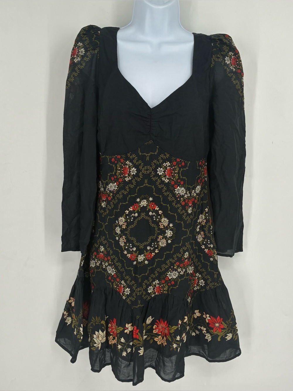 Anna Cate XS Black Floral Cotton Long Sleeve Mini Dress Fairy Preppy V Neck